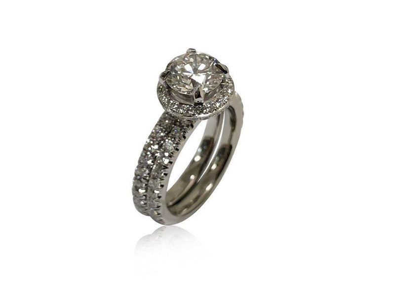 Cubic zirconia 1 carat Center Hidden Halo Pave set ring with matching band 14K