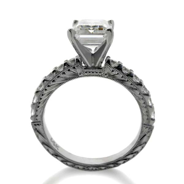 High Quality Cubic Zirconia Emerald Cut 2 Carat Engagement Ring Hand Engraved 14k White Gold Shank