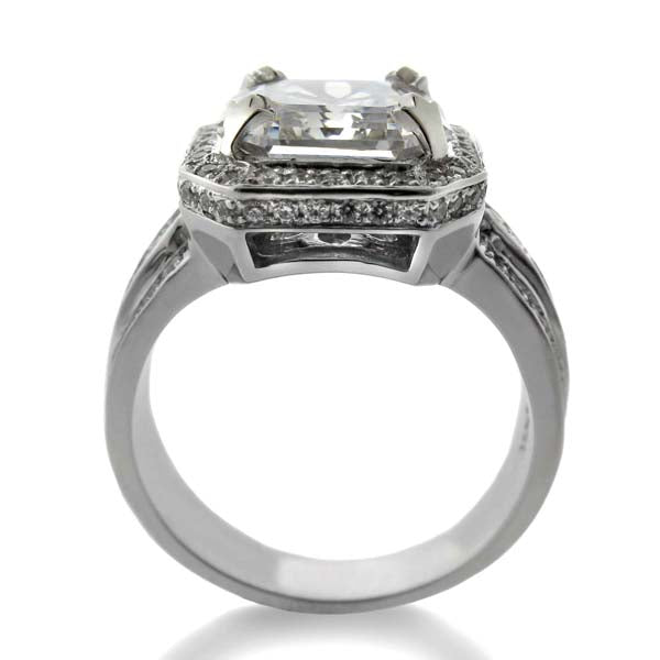 4 Carat High Quality Asscher Cut Cubic Zirconia Halo Engagement Ring 3 Rows of Pave Sides 14K White Gold
