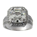 4 Carat High Quality Asscher Cut Cubic Zirconia Halo Engagement Ring 3 Rows of Pave Sides 14K White Gold