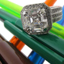 4 Carat High Quality Asscher Cut Cubic Zirconia Halo Engagement Ring 3 Rows of Pave Sides 14K White Gold