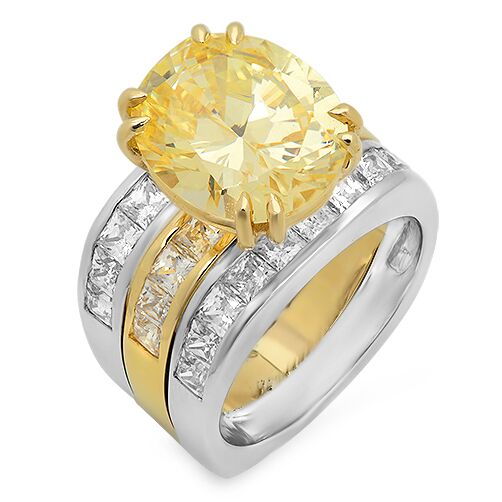 Canary Oval Cubic Zirconia 5 Carat Two Tone Gold Engagement Ring Double Bands Euro Shank