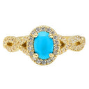 Oval 1 Carat Turquoise Center In Pave Set Halo 14K Yellow Gold Ring.