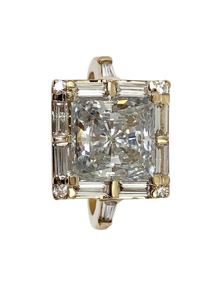 3 Carat Highest Quality Princess Cut Cubic Zirconia Ring with Baguettes 14K Gold