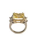 6 Carat Canary Princess Cut and Trapezoids CZ 3 Stone Ring in Two Tone