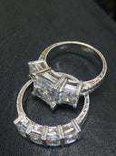 Hand Engraved 3 Stone Ring with Wedding Band Princess Cubic Zirconia