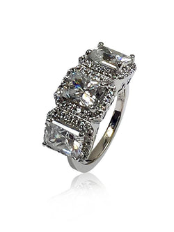 Radiant Cut Cubic Zirconia 3 Stone Anniversary Ring With Pave Halos 14K White gold