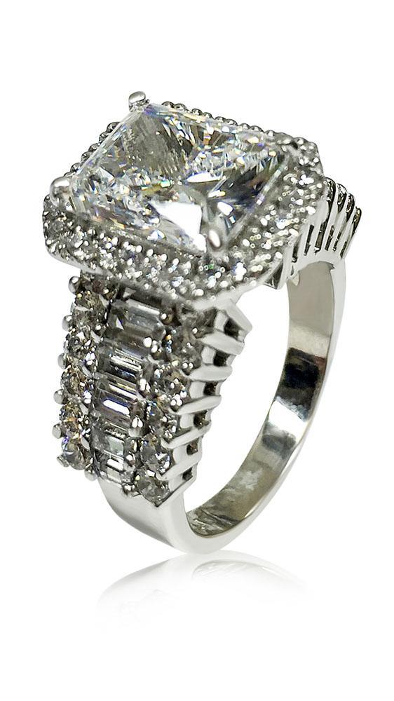 High Quality cubic zirconia Radiant Cut Engagement Ring with baguettes and round stones 14k White Gold