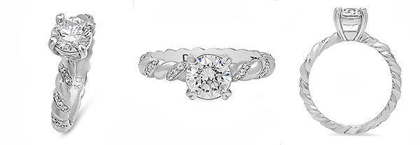 High Quality Cubic Zirconia Round 1 carat Engagement ring Rope Shank 14K White Gold