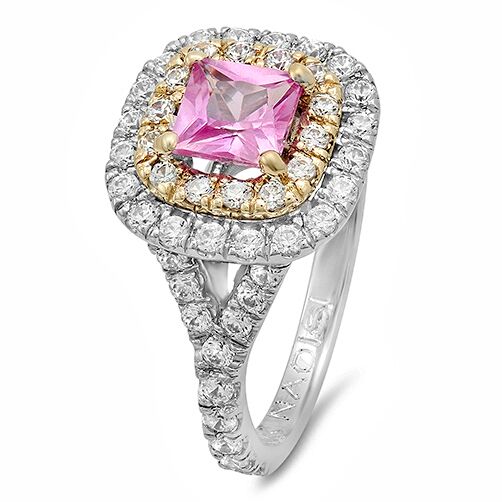 Rose and White Gold 14K Cubic Zirconia Pink Princess Cut Halo Pave Engagement Ring