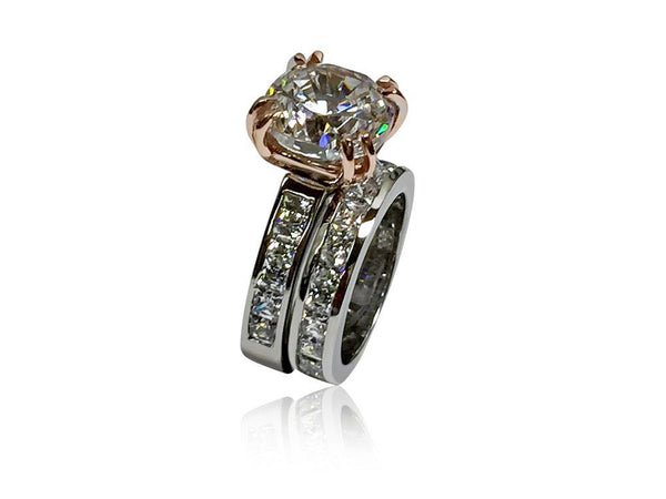 Cushion Cut 6 Carat Cubic Zirconia Two Tone Rose Gold Engagement Set