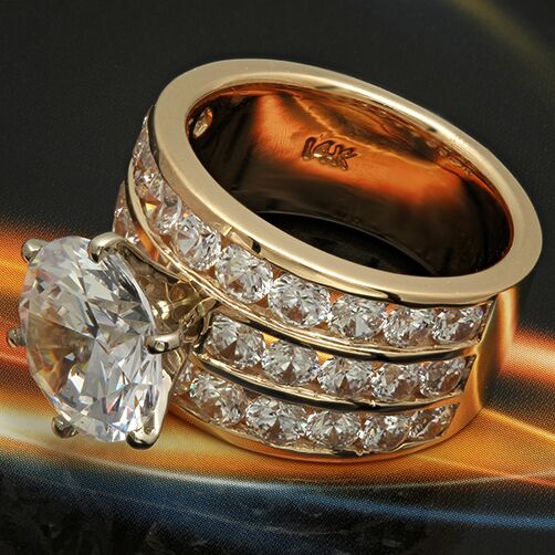 High Quality 4 Carat Round Cubic Zirconia Engagement Ring Channeled Sides 14k Yellow Gold