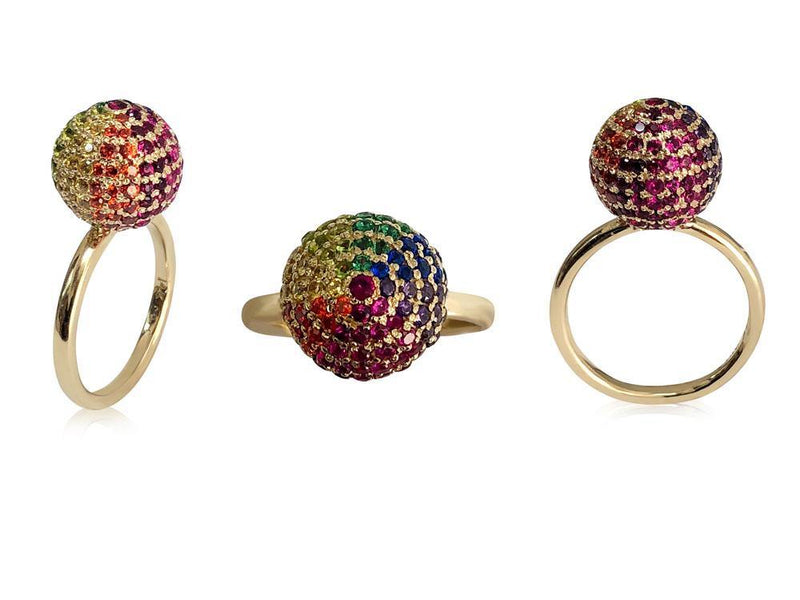 Rainbow Color CZ Pave Ball Ring 14K The Tanster collection