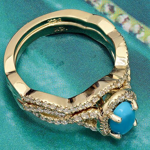 Turquoise Oval Shape Center Stone Matching Engagement Set in 14K Gold