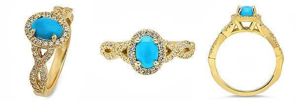 Oval 1 Carat Turquoise Center In Pave Set Halo 14K Yellow Gold Ring.