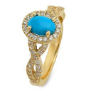 Oval 1 Carat Turquoise Center In Pave Set Halo 14K Yellow Gold Ring.