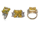 6 Carat Canary Princess Cut and Trapezoids CZ 3 Stone Ring in Two Tone
