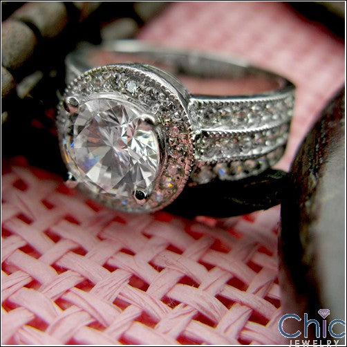 Engagement 1.5 Round Brilliant Halo Wide Shank Cubic Zirconia Cz Ring