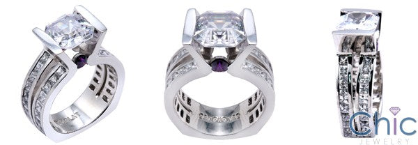 Engagement 2.5 Ct Asscher  Channel Split Euro Shank Cubic Zirconia Ring 14K W Gold