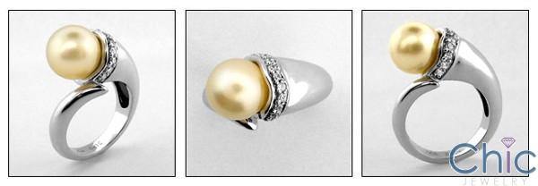 10MM Synthetic Pearl Cubic Zirconia Pave 14K White Gold  Right Hand Ring
