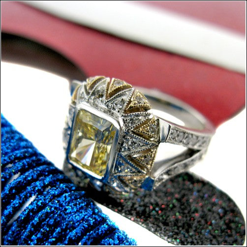 2 Ct Canary Radiant Bezel Two Tone Cubic Zirconia Pave 14K Gold Ring