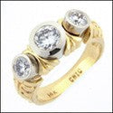 Anniversary 1 Carat Round Cubic Zirconia Bezel Two Tone Gold Engraved Ring