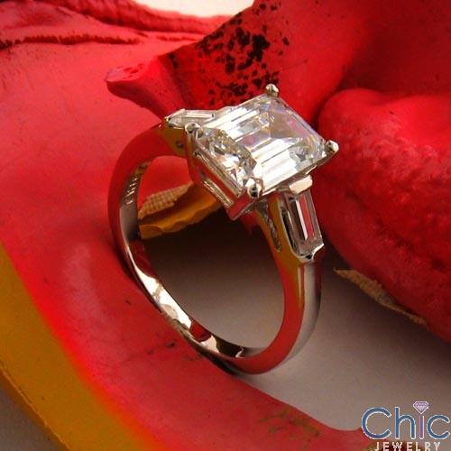 2.25 Emerald Cut Cubic Zirconia With Baguettes in Channel 14k White Gold Ring
