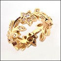 Eternity Flower And Leaves Pave set Cubic Zirconia Wedding Band 14k Gold