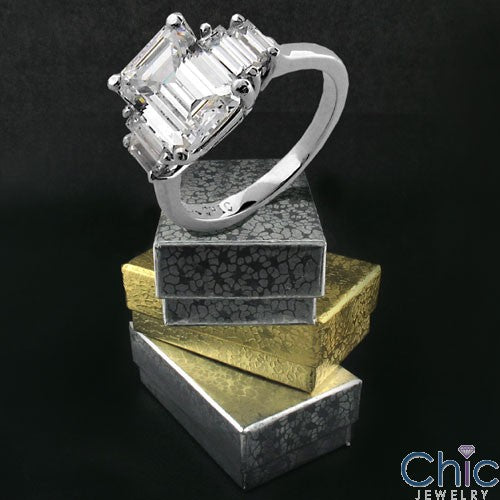 Emerald Cut 3 Carat Cubic Zirconia Center Channel Baguettes 14K White Gold Ring