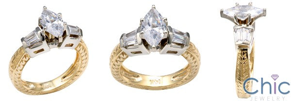 Engagement 1.25 Marquise Channel Baguettes Two Tone Shank Cubic Zirconia Cz Ring