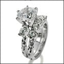 Engraved Shank 2.5 Round Cubic Zirconia Center Engagement Ring With Matching CZ Band 14K W Gold