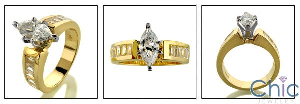 Engagement 1 Ct Marquise Baguettes in Channel Yellow Gold Cubic Zirconia Cz Ring