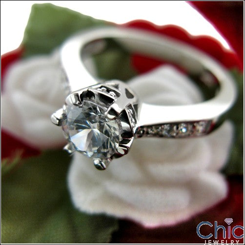 Engagement 0.75 Round Crown Prongs Pave Cubic Zirconia Cz 14K White Gold Ring