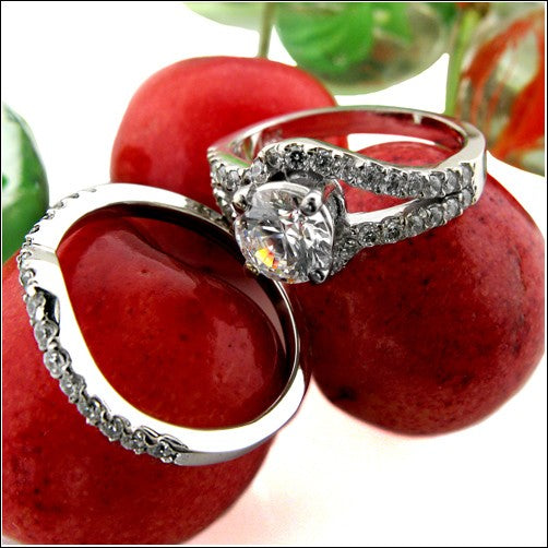 Round Cubic Zirconia 1 Carat Engagement Ring Fitted Matching Band Set 14K White Gold
