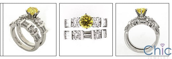 Matching Set Canary Round Stone Baguettes on Cubic Zirconia Cz Ring