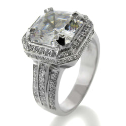 4 Carat High Quality Asscher Cut Cubic Zirconia Halo Engagement Ring 3 Rows of Pave Sides 14K White Gold