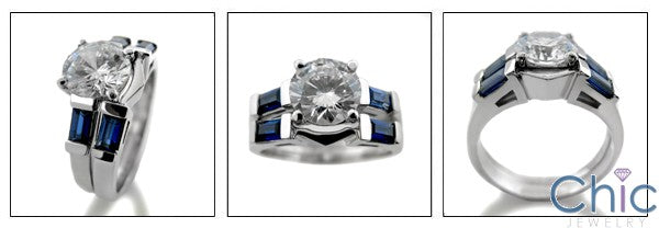 Matching Set 2.25 Round Center Sapphire Baguettes in Channel Cubic Zirconia Cz Ring