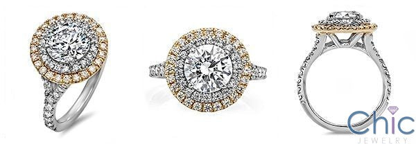2 Ct Round Stone in Double Halo Two Tone 14K White Gold Pave Cubic Zirconia Engagement Ring