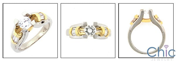 Engagement Round Cubic Zirconia Channel Baguettes Two Tone Gold Cz Ring