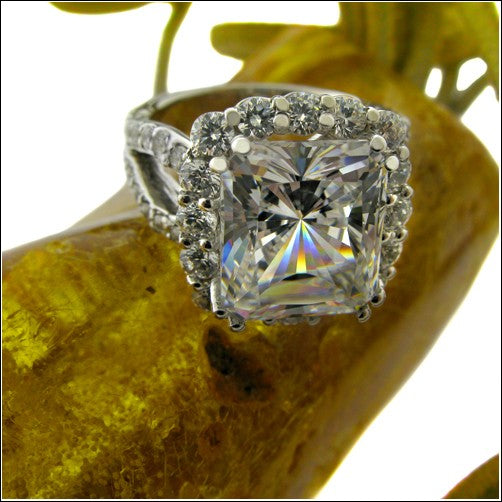 5 Carat Radiant Cubic Zirconia in Halo Round Side Stones Share Prong Engagement 14K White Gold Ring