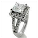 1.5 Cubic Zirconia Princess Halo Pave 14 k White Gold Engagement Ring