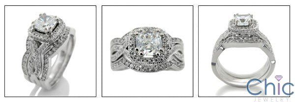Matching Set 1.25 Cushion Center Pave Double Cubic Zirconia Cz Ring