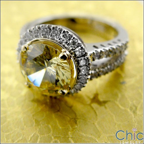 Canary 3 Ct Round Two Tone Gold Halo Cubic Zirconia Split Shank 14K Ring