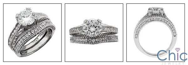 Matching Set 1.5 Round Center Pave Curved Cubic Zirconia Cz Ring