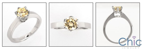 Cubic Zirconia Solitaire Ring .75 Canary Round Stone Crown Like Prongs 14K White Gold