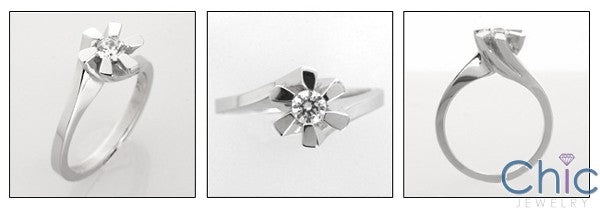 Cubic Zirconia Ring Solitaire .25 Carat  Round Channel Set Twisted Flower 14k White Gold