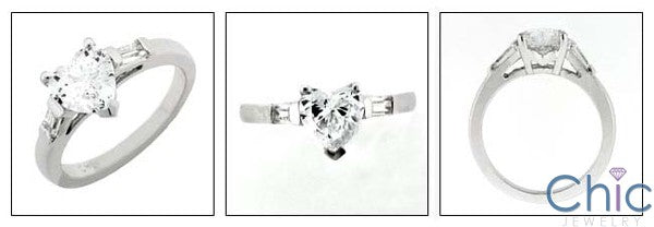 3 Stone 1.25 Heart shape center Channel Baguettes Cubic Zirconia Cz Ring