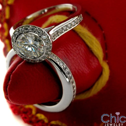 Matching Engagement Ring Set 1 Ct Round Cubic Zirconia In Halo Pave and Wedding Band 14K W Gold
