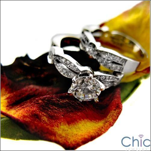 1 Ct Round Cubic Zirconia 6 Prong Tiffany Setting Matching Engagement Ring Set Half Bezel Sides 14K W Gold