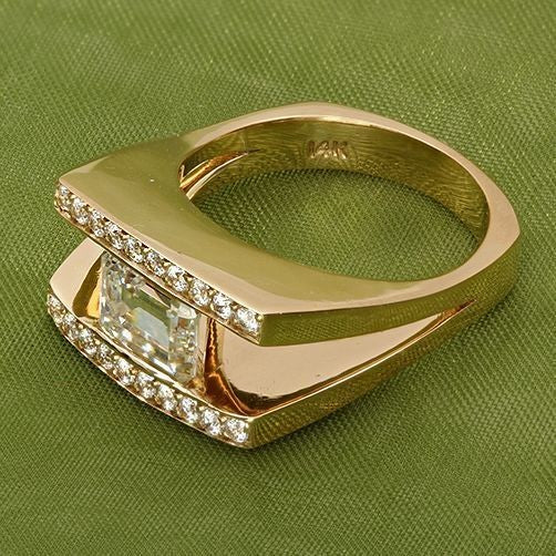 Emerald Cut CZ Channel Set Horizontally Euro Shank 14K Gold Ring